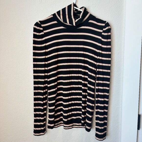 Veronica Beard Black Metallic Stripe Stretchy Classic Turtleneck Shirt - Size L - Picture 1 of 7